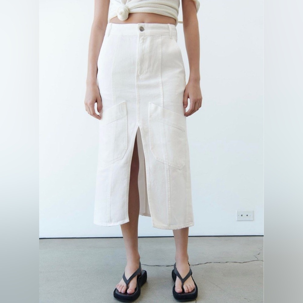 🤍 NWT ZARA crisp white denim front slit cargo midi skirt ecru XXL